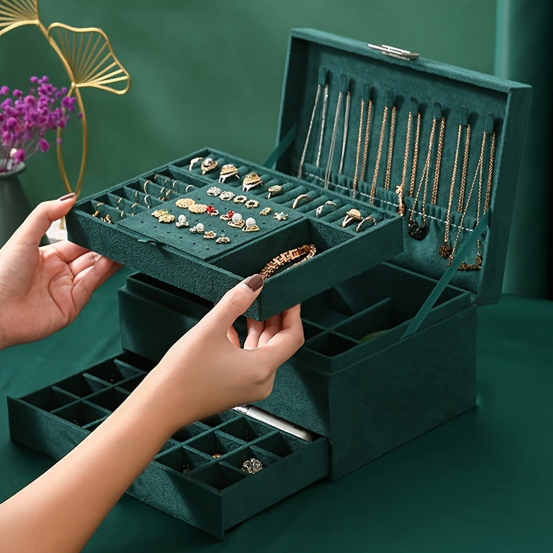 3 Layer Flannelette Lockable Jewellery Storage Box