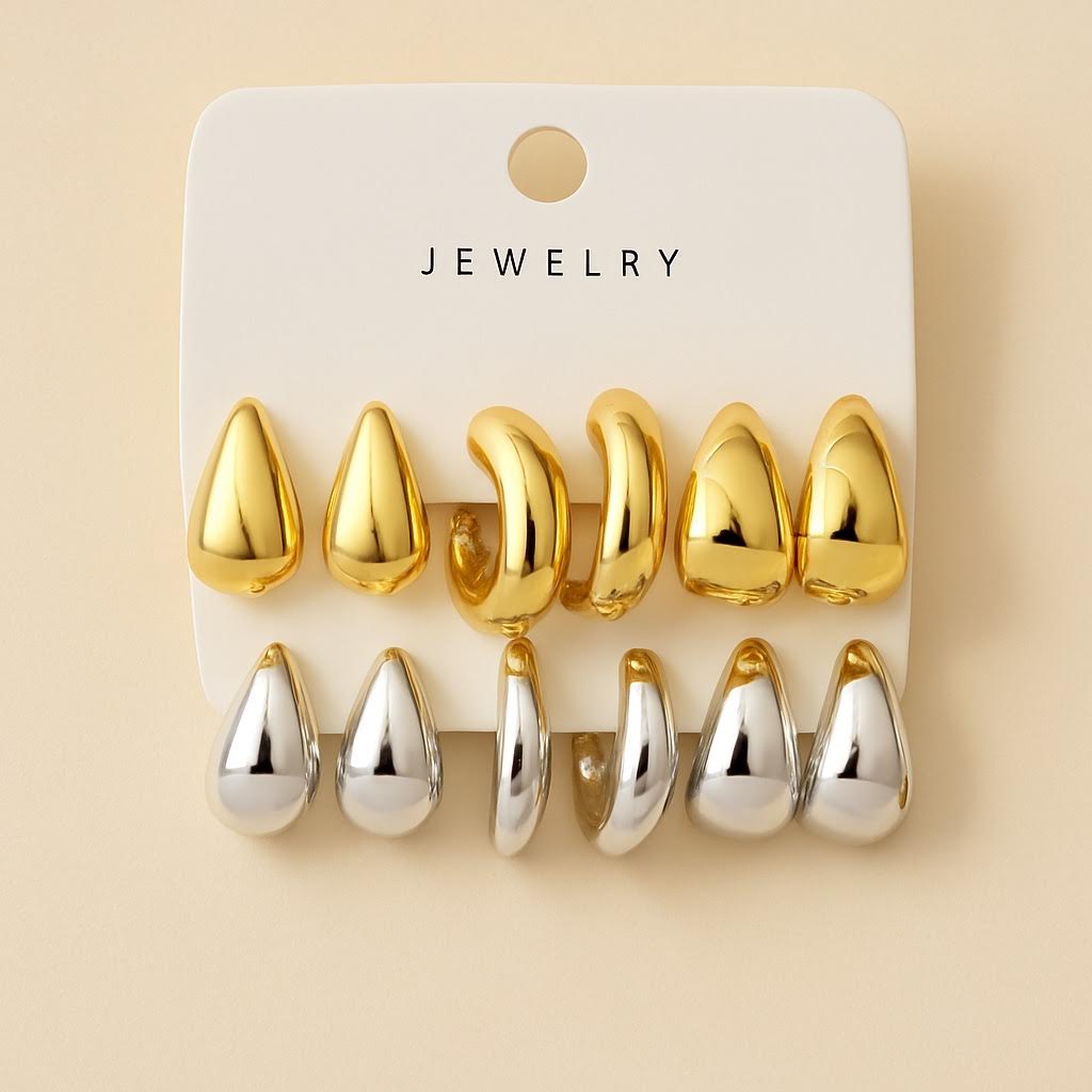 6Pcs Chunky Gold Plated drop Hoop Earring Set