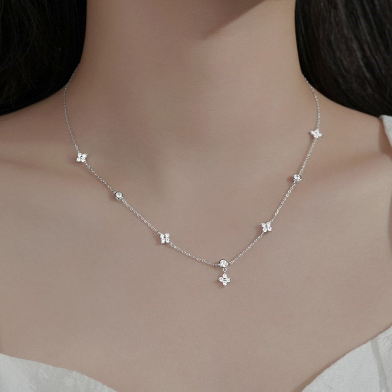 Four-leaf Clover & Round Shape zirconia Chain Necklace