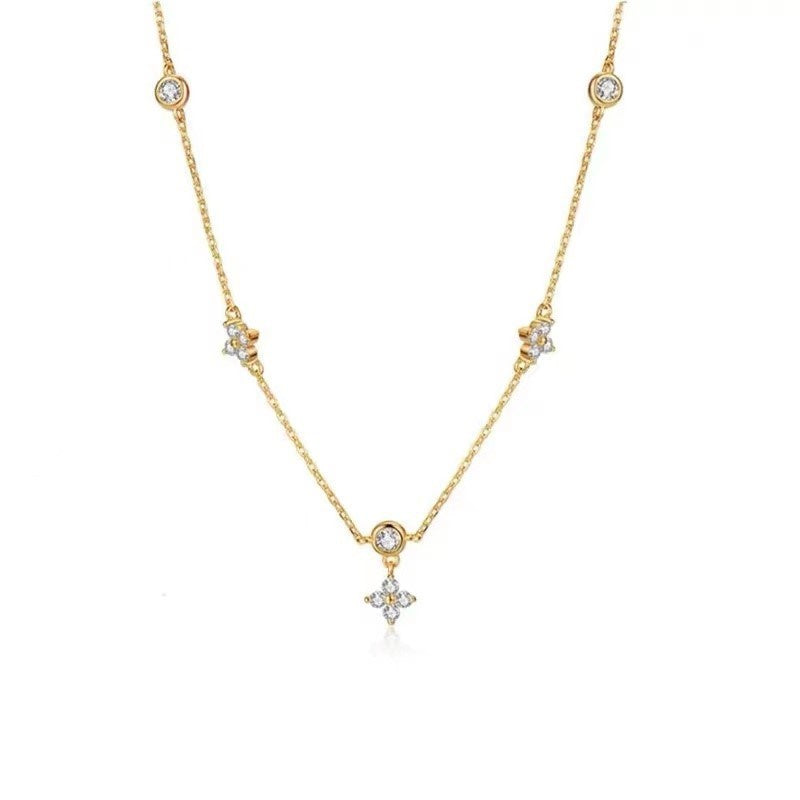 Four-leaf Clover & Round Shape zirconia Chain Necklace