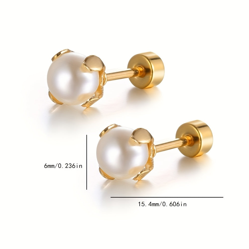 Pair of Elegant Stainless Steel Stud Earrings with Classic Pearl Accent - Simple, Chic Design for Daily Wear, Golden-Tone Metal, Cute Earrings