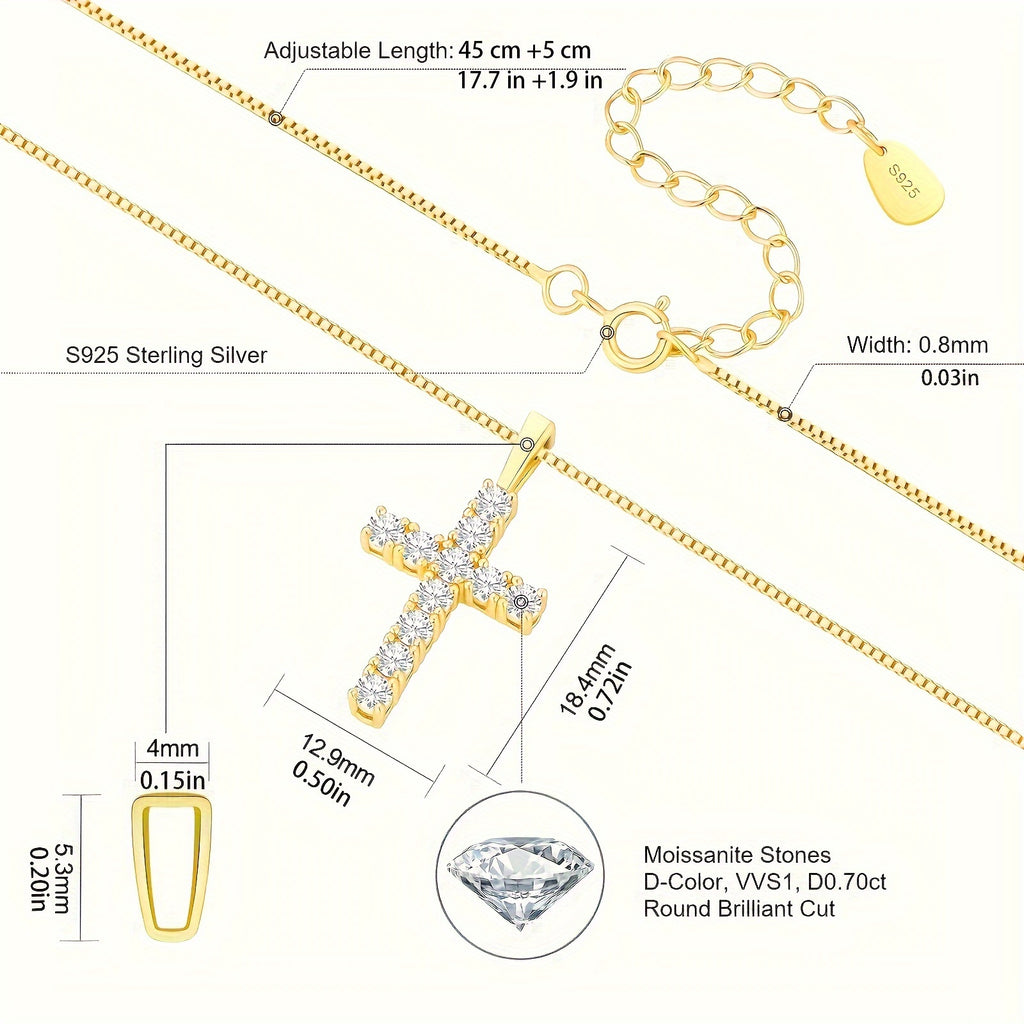 0.70 Carats VVS1 Moissanite Cross Pendant Necklace - Exquisite S925 Sterling Silver Plated, Golden Finish, Hypoallergenic, Durable, and Sparkling Jewelry for Women