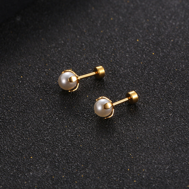 Pair of Elegant Stainless Steel Stud Earrings with Classic Pearl Accent - Simple, Chic Design for Daily Wear, Golden-Tone Metal, Cute Earrings