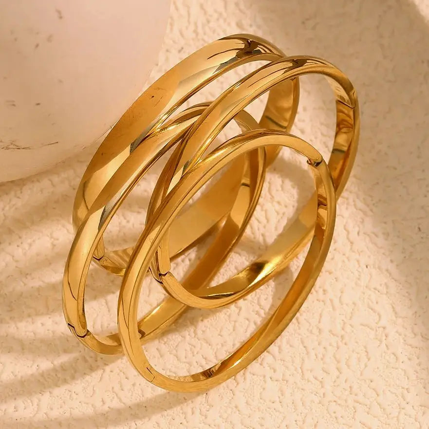 E.B.belle Multi-size Glossy Bulge Oval Shape Bangles 18K Gold Plated Stainless Steel Waterproof Hypoallergenic Women Jewelry