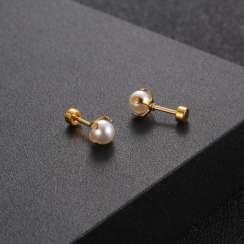 Pair of Elegant Stainless Steel Stud Earrings with Classic Pearl Accent - Simple, Chic Design for Daily Wear, Golden-Tone Metal, Cute Earrings