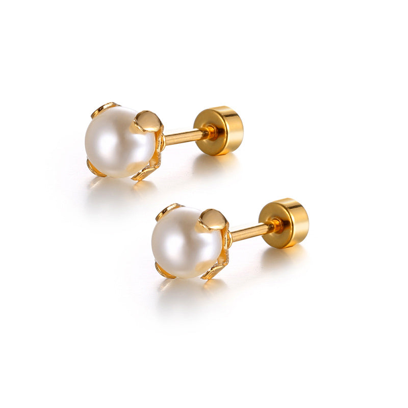 Pair of Elegant Stainless Steel Stud Earrings with Classic Pearl Accent - Simple, Chic Design for Daily Wear, Golden-Tone Metal, Cute Earrings