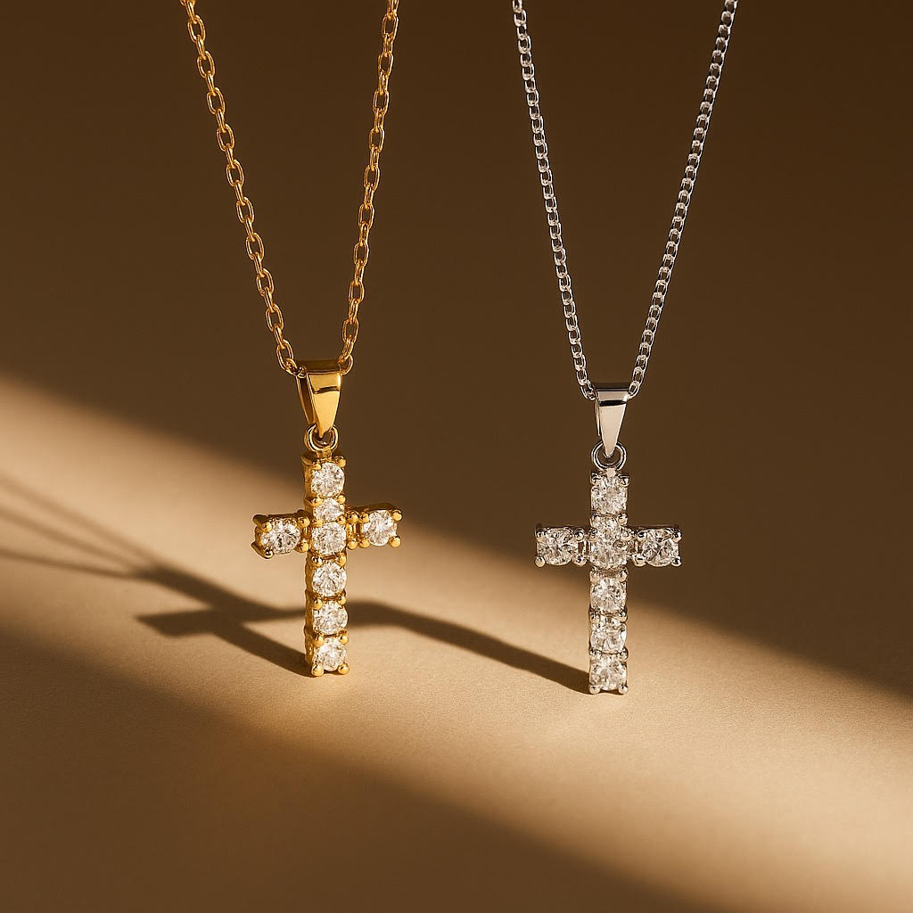 0.70 Carats VVS1 Moissanite Cross Pendant Necklace - Exquisite S925 Sterling Silver Plated, Golden Finish, Hypoallergenic, Durable, and Sparkling Jewelry for Women